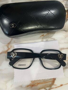 CHANEL Black Rectangular Glasses with Gold Heart CC Logos